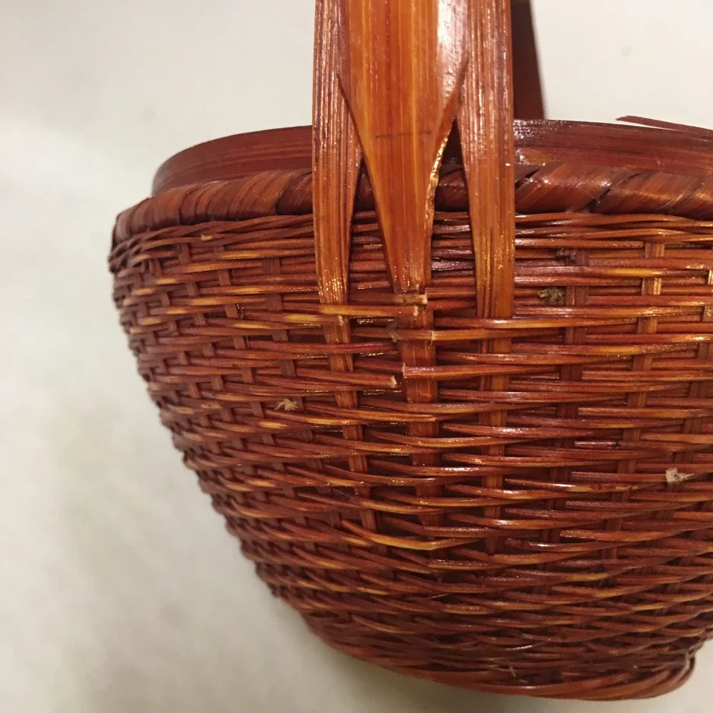 Primitive Woven Wicker Basket Small Red Brown Round Handle Rustic Berry Gather